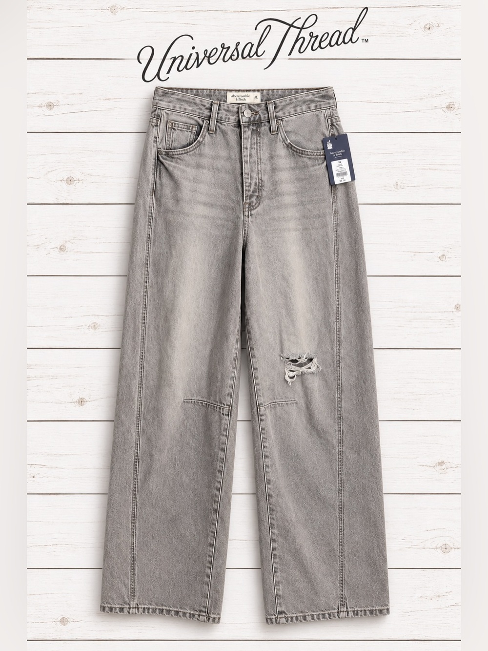 NWT Universal Thread HIGH-RISE CURVED LEG Grey Wide-Leg Distressed Jeans